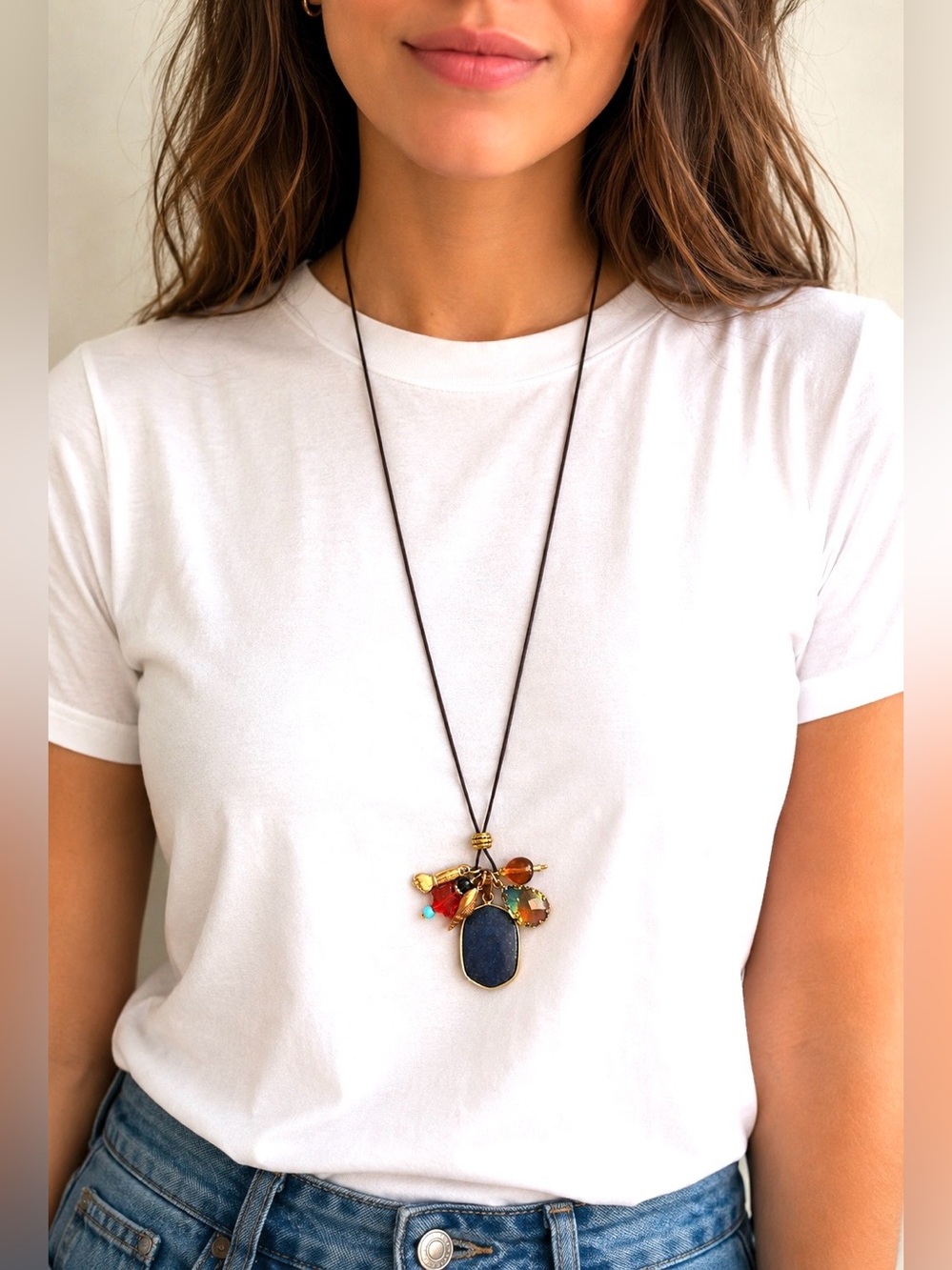 Handcrafted Gold-Tone Pendant Necklace with Lapis Lazuli and Multicolor charms